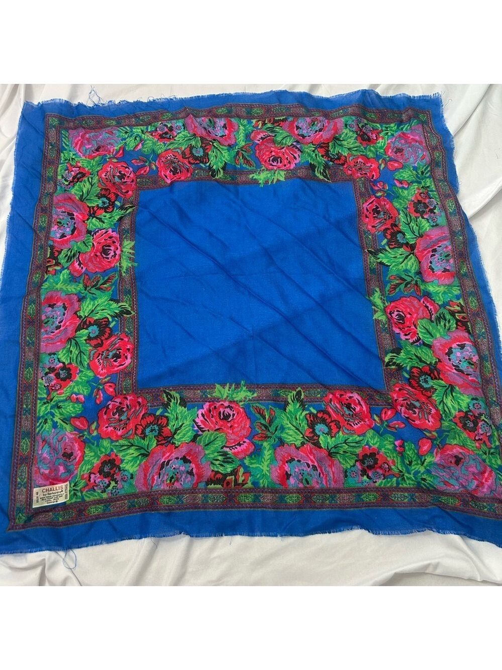 Vintage Challis By Berkshire Scarf  Blue Red Floral  RN 14570 Made In Japan - Picture 2 of 7